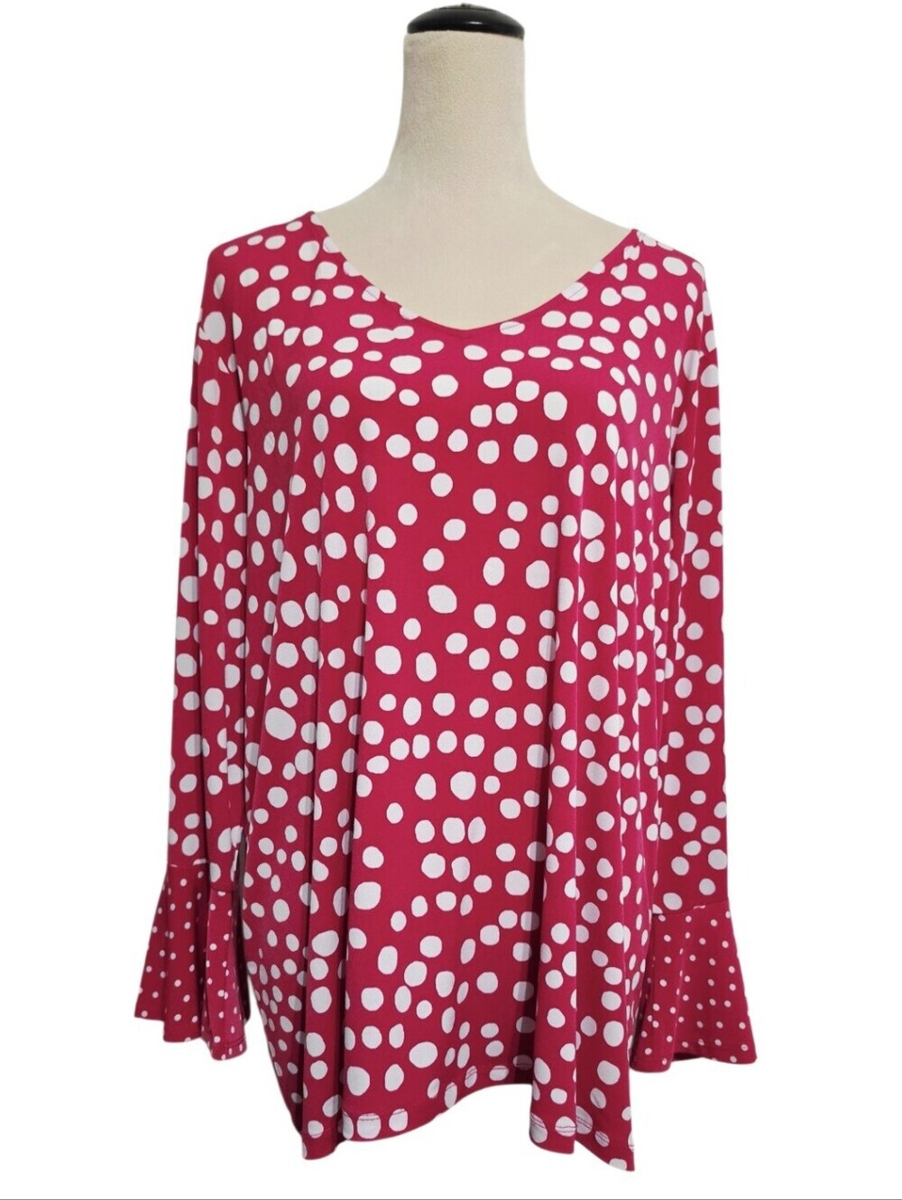 Susan Graver 1X Liquid Knit Tunic Top Pink White Polka Dot Bell Sleeve Stretch - Picture 1 of 11